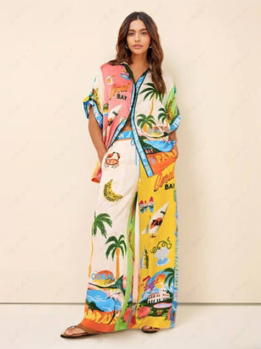 Printed Tropical Wide-Leg Pantsuit - Multicolor